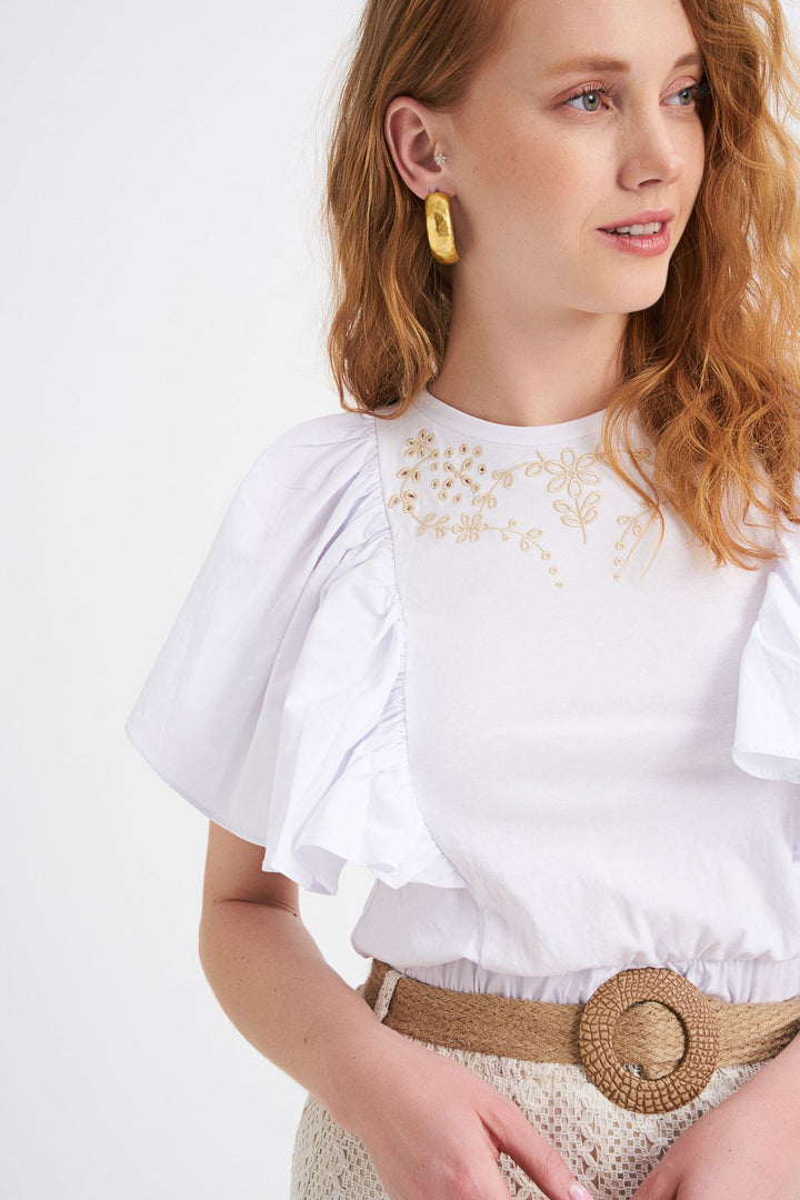 Nakış Detaylı Karpuz Kol Tişört Beyaz