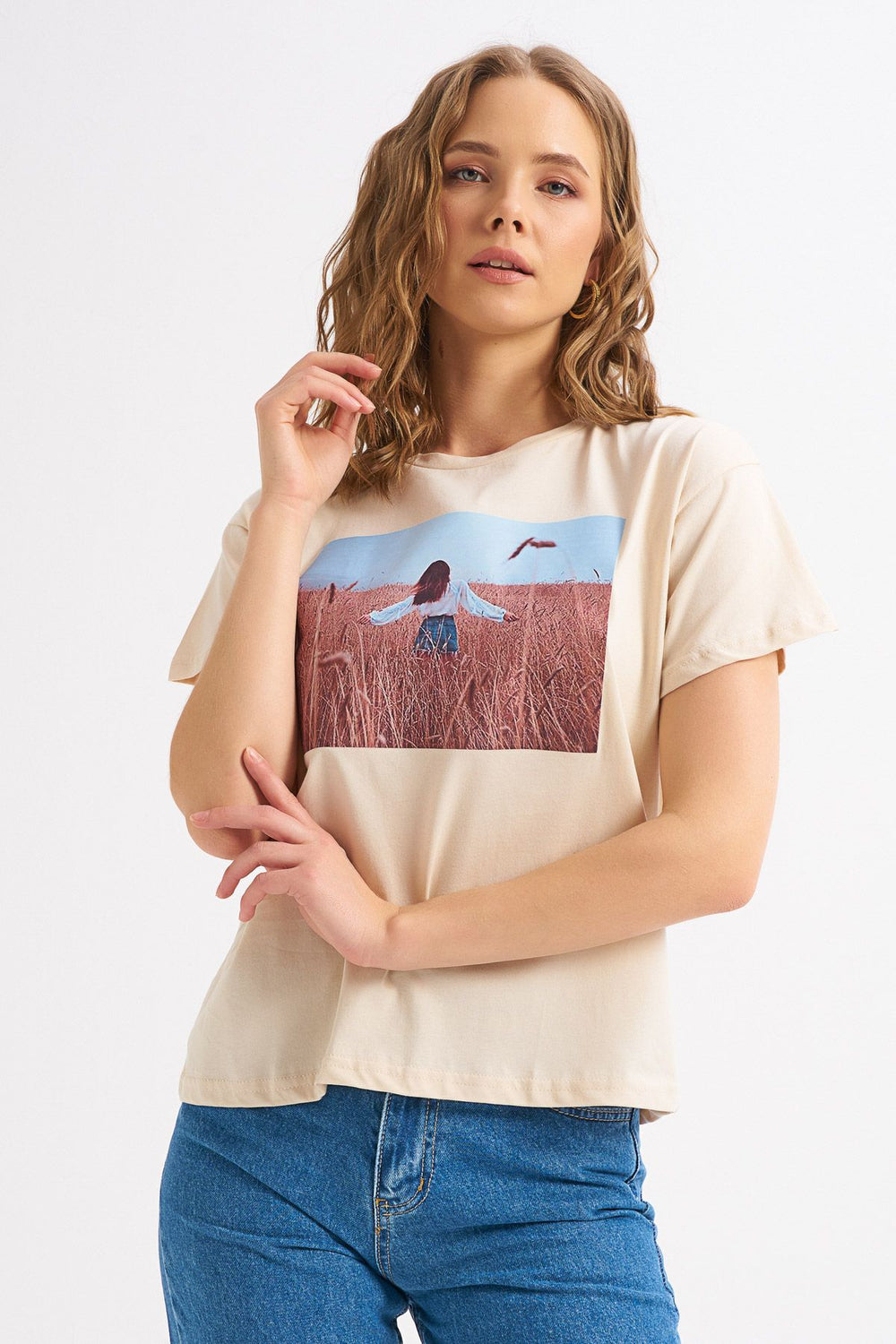 Baskılı Tişört Açık Bej