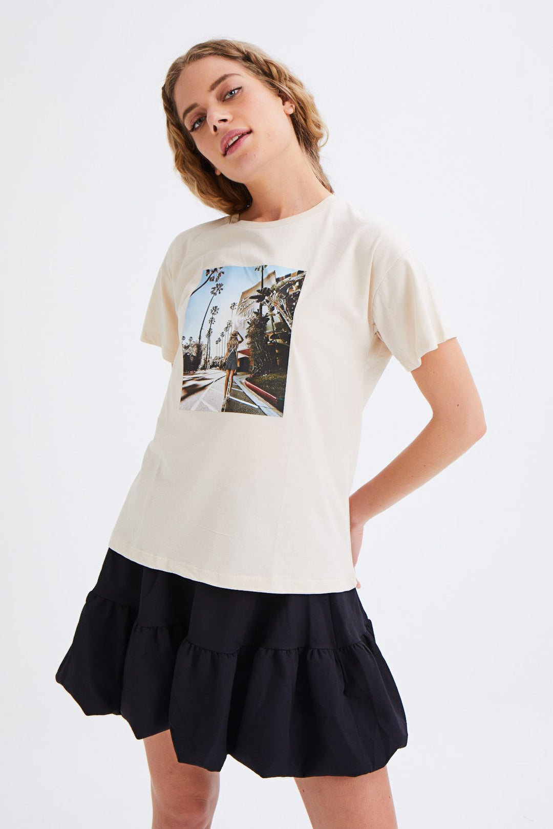 Baskılı Tişört Açık Bej