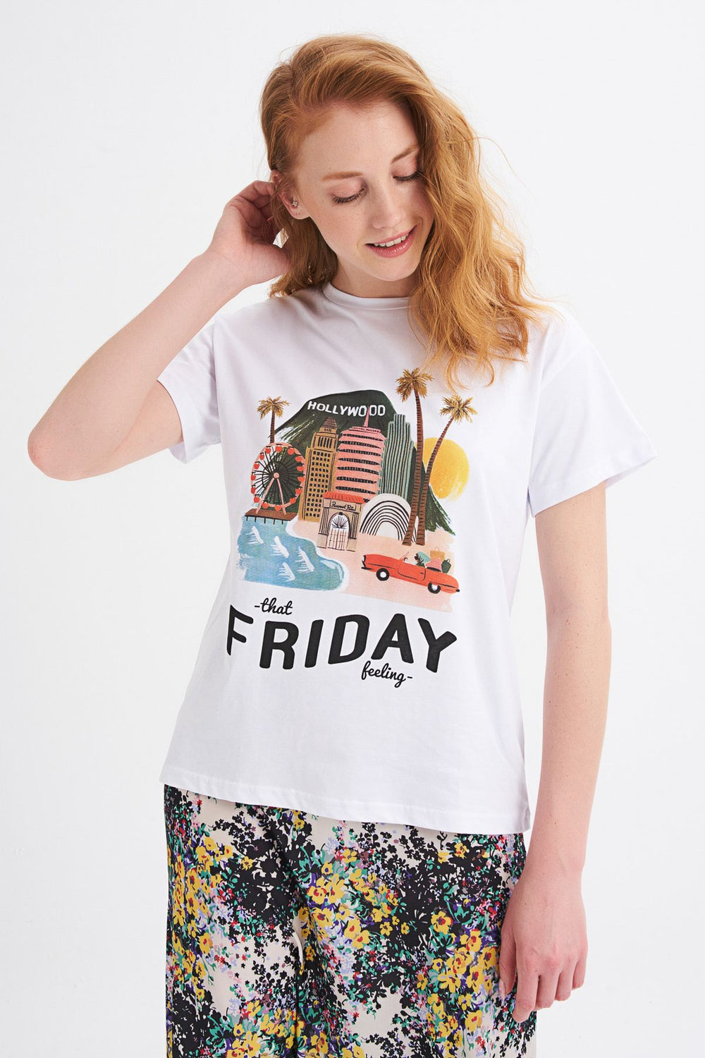 Hollywood Baskılı Tişört Beyaz