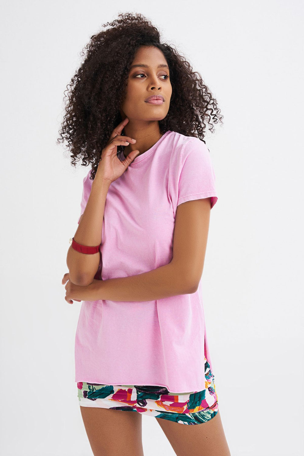 Yanı Yırtmaçlı Bisiklet Yaka Tişört Fuşya