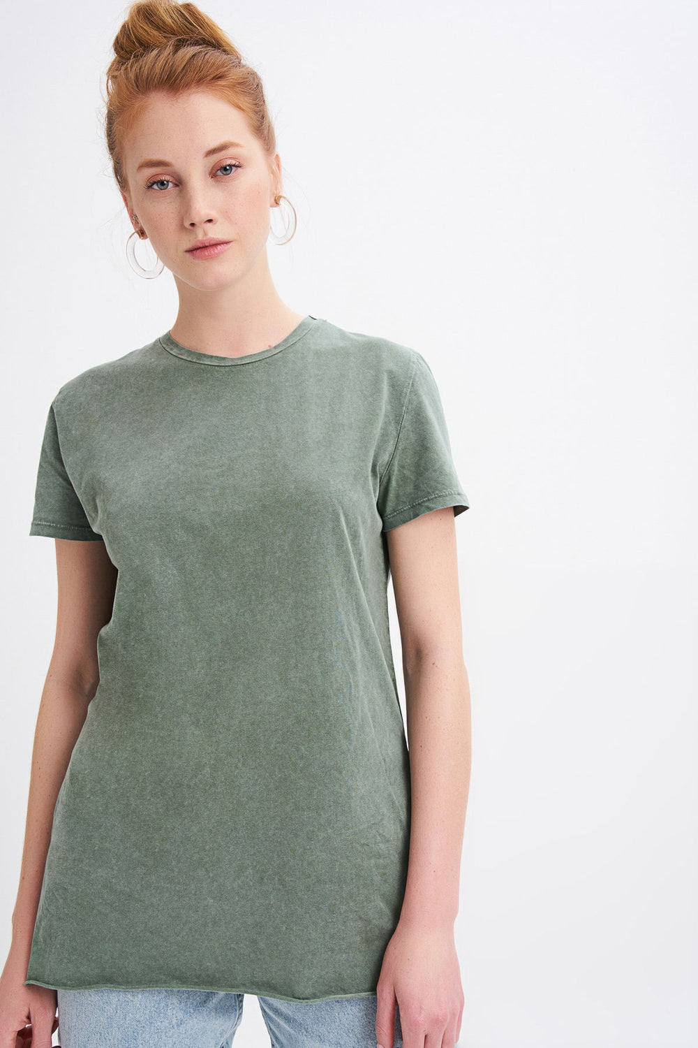 Yanı Yırtmaçlı Bisiklet Yaka Tişört Haki