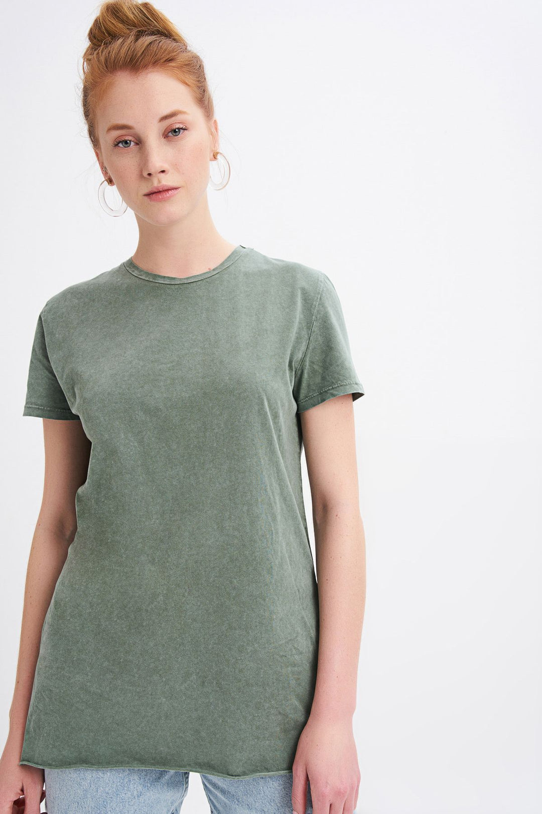 Yanı Yırtmaçlı Bisiklet Yaka Tişört Haki