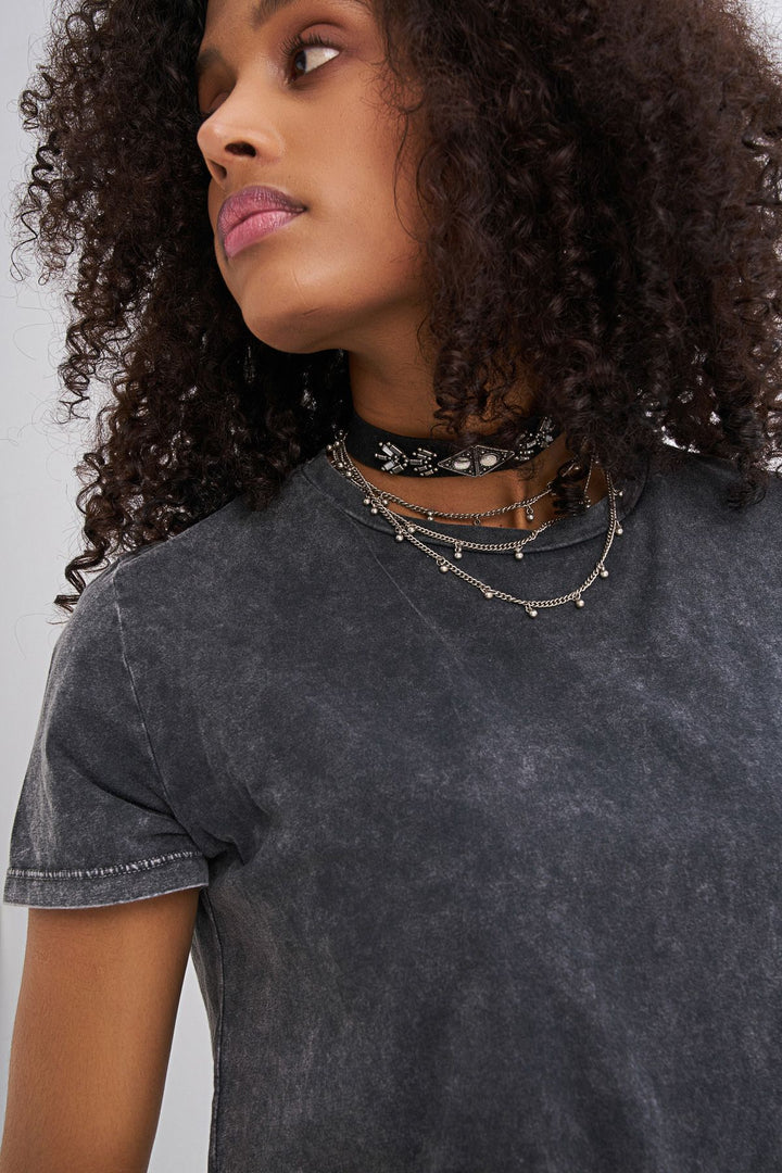 Yanı Yırtmaçlı Bisiklet Yaka Tişört Antrasit