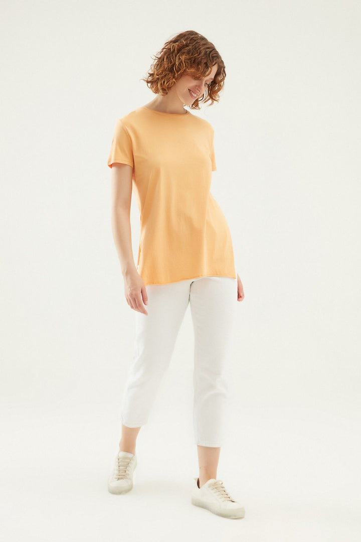 Yanı Yırtmaçlı Bisiklet Yaka Tişört Açık Oranj