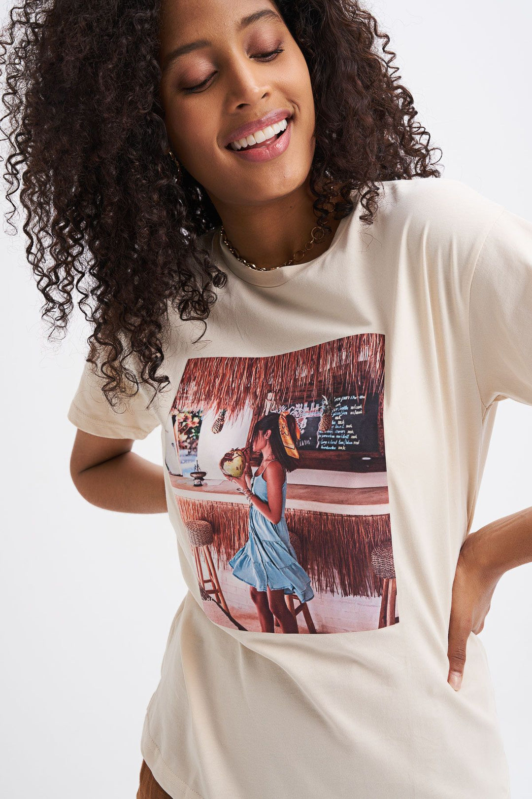 Baskılı Tişört Açık Bej