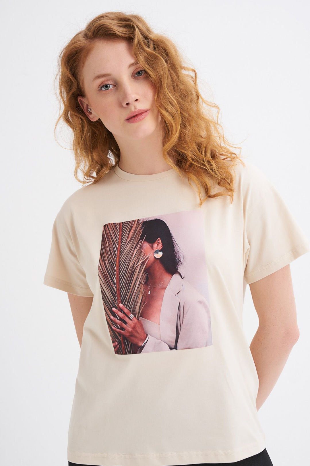 Basklı Tişört Açık Bej