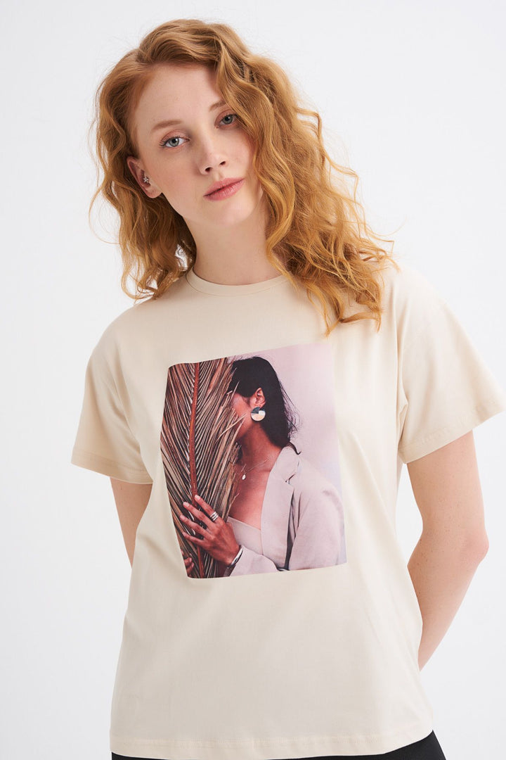 Basklı Tişört Açık Bej