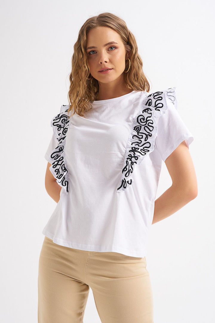 Frilly Embroidery Detailed T-Shirt White