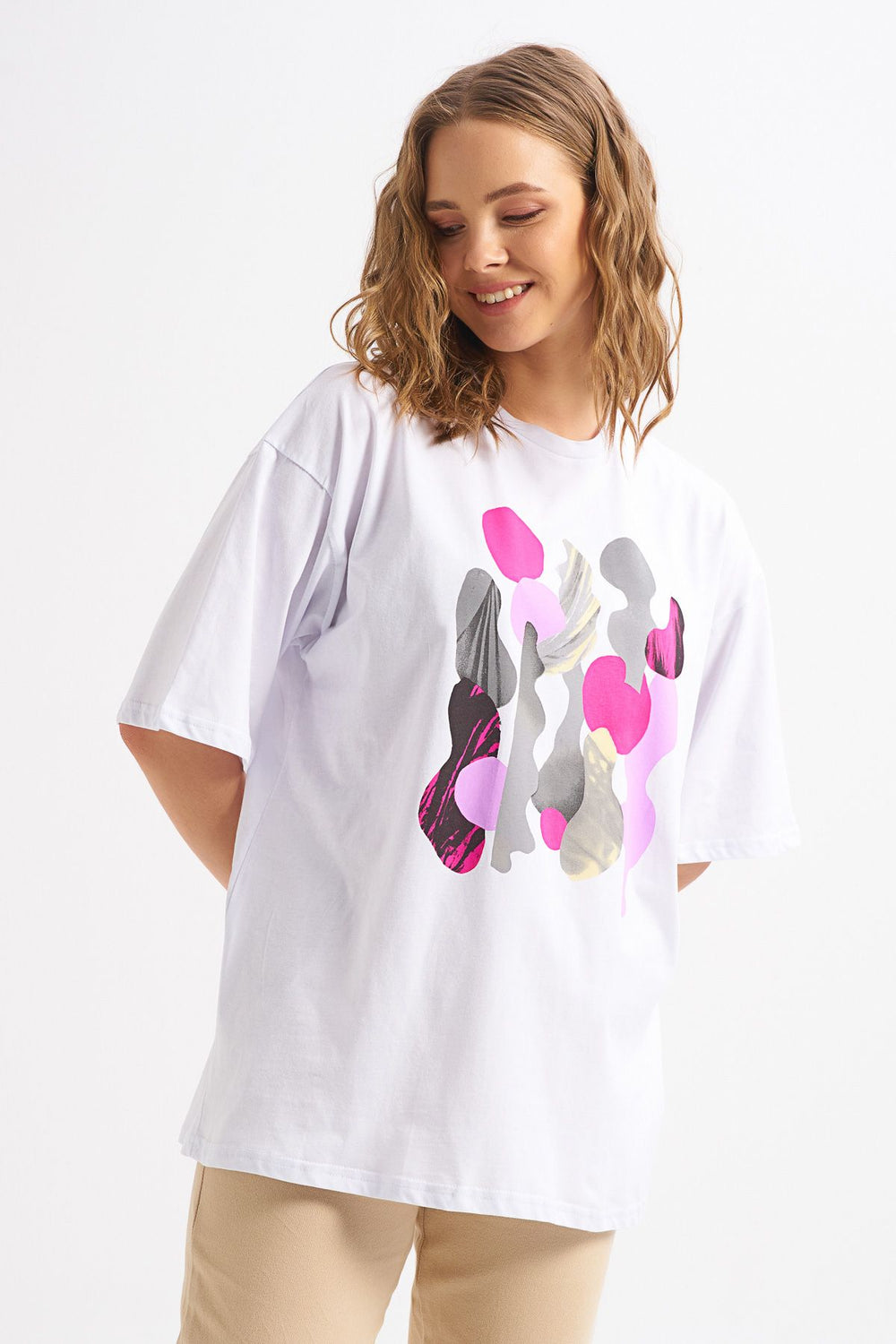 Baskılı Truvakar Kol Tişört Beyaz