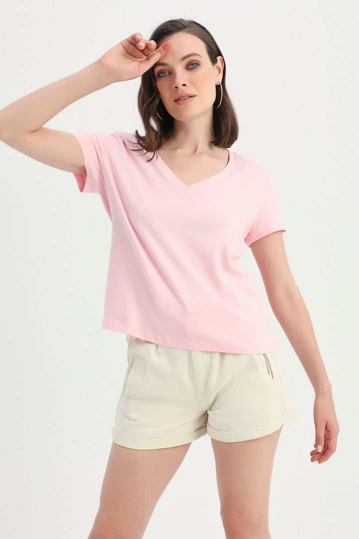 Vatkalı V Yaka Tişört Pembe