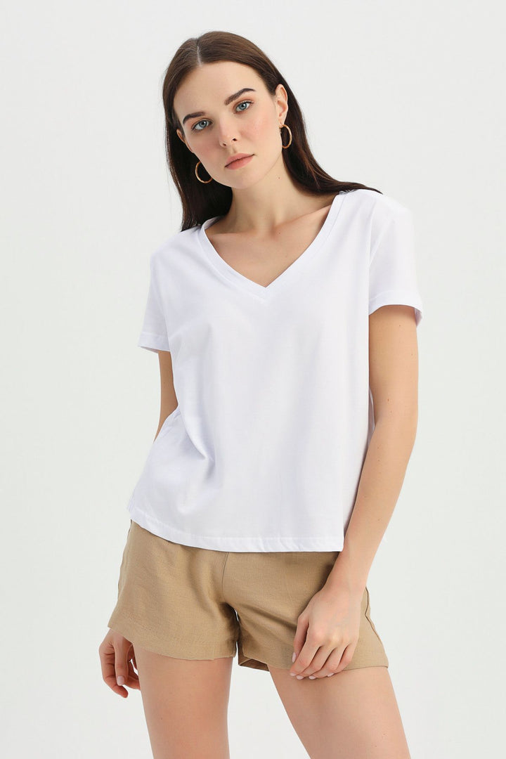 Vatkalı V Yaka Tişört Beyaz