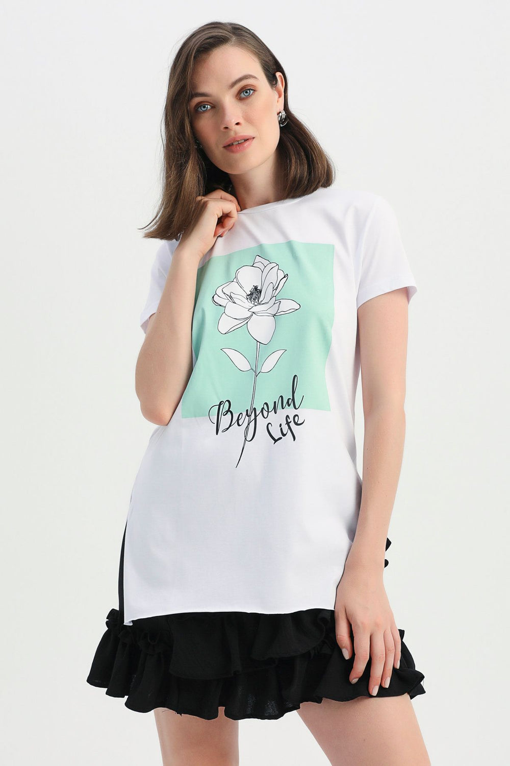 Yanları Yırtmaçlı Baskılı Tişört Mint