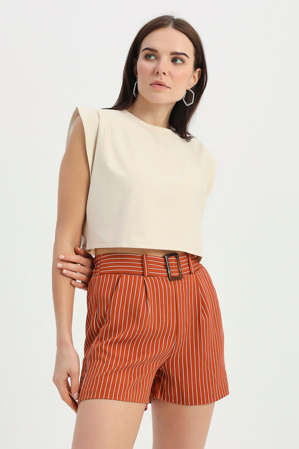 Crop Tişört Açık Bej