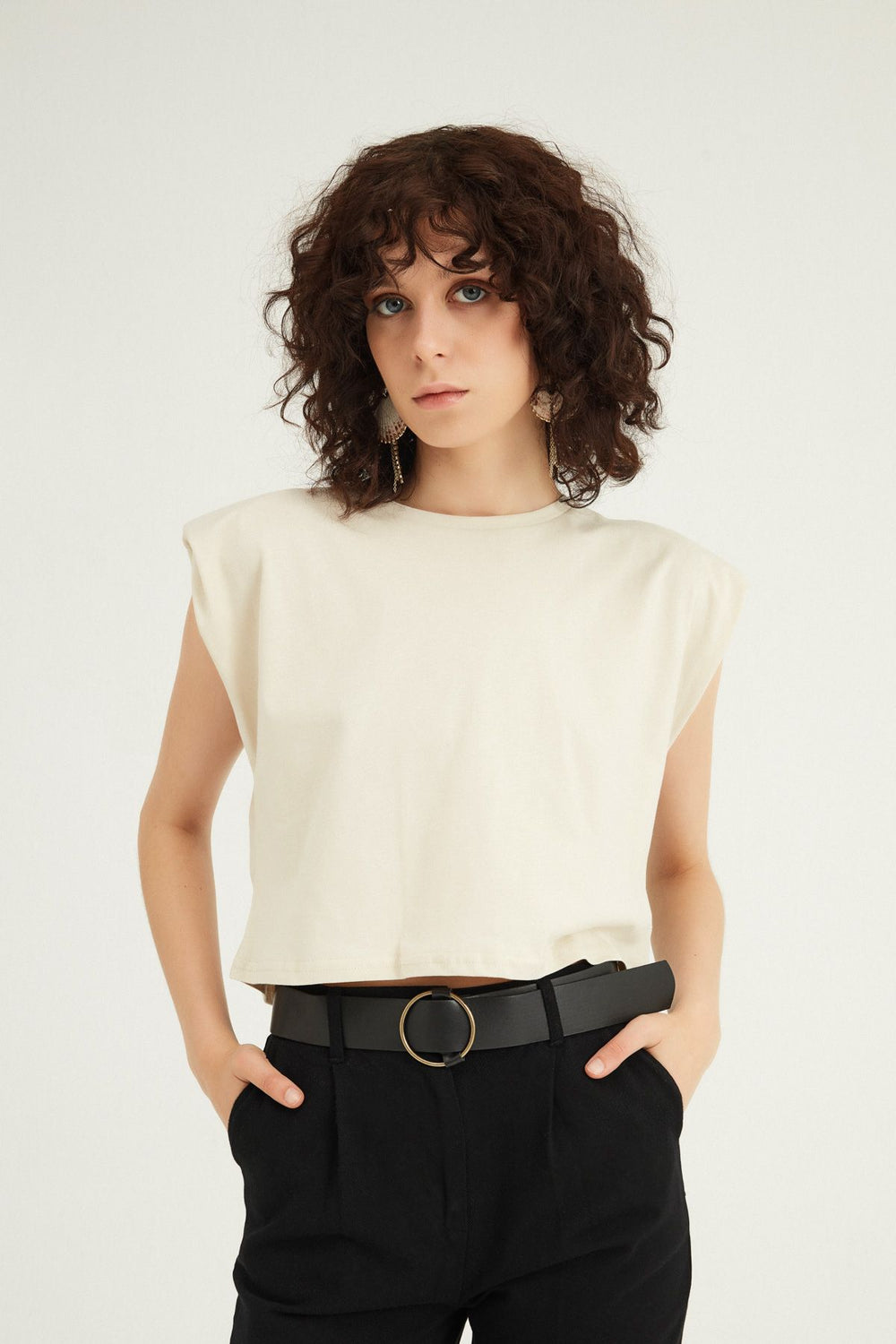 Vatkalı Basic Crop Tişört Bej