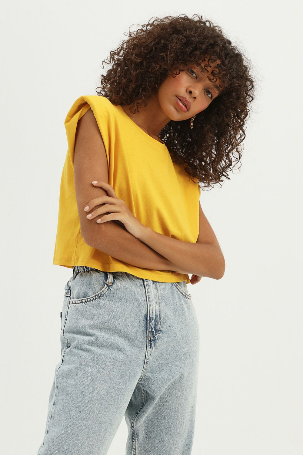 Vatkalı Basic Crop Tişört Hardal