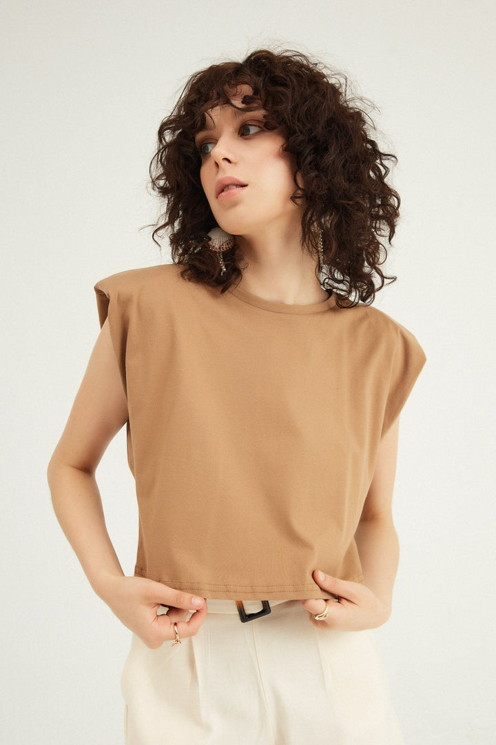 Vatkalı Basic Crop Tişört Kahverengi