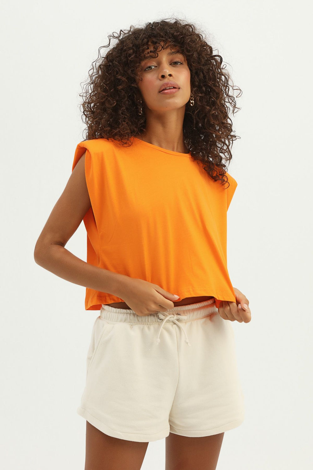 Vatkalı Basic Crop Tişört Oranj