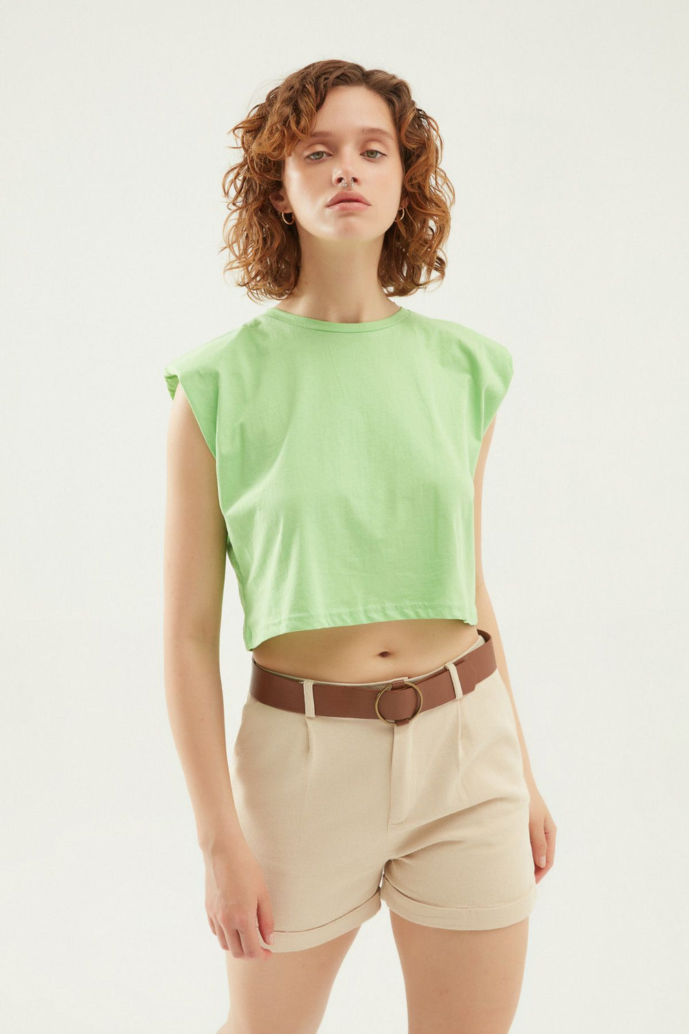 Vatkalı Basic Crop Tişört Açık Yeşil