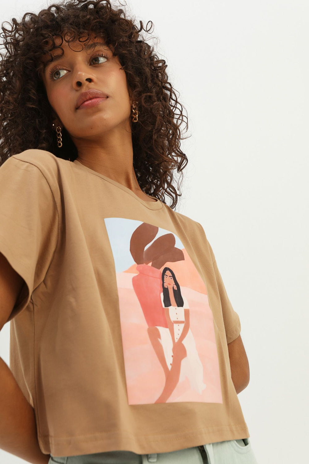 Baskılı Crop Tişört Kahverengi