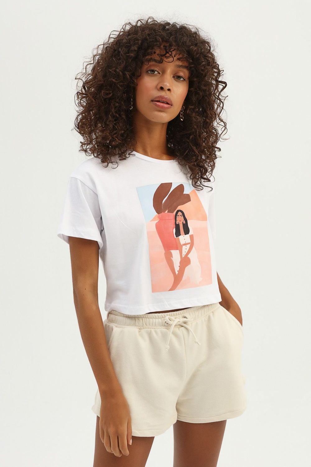 Baskılı Crop Tişört Beyaz