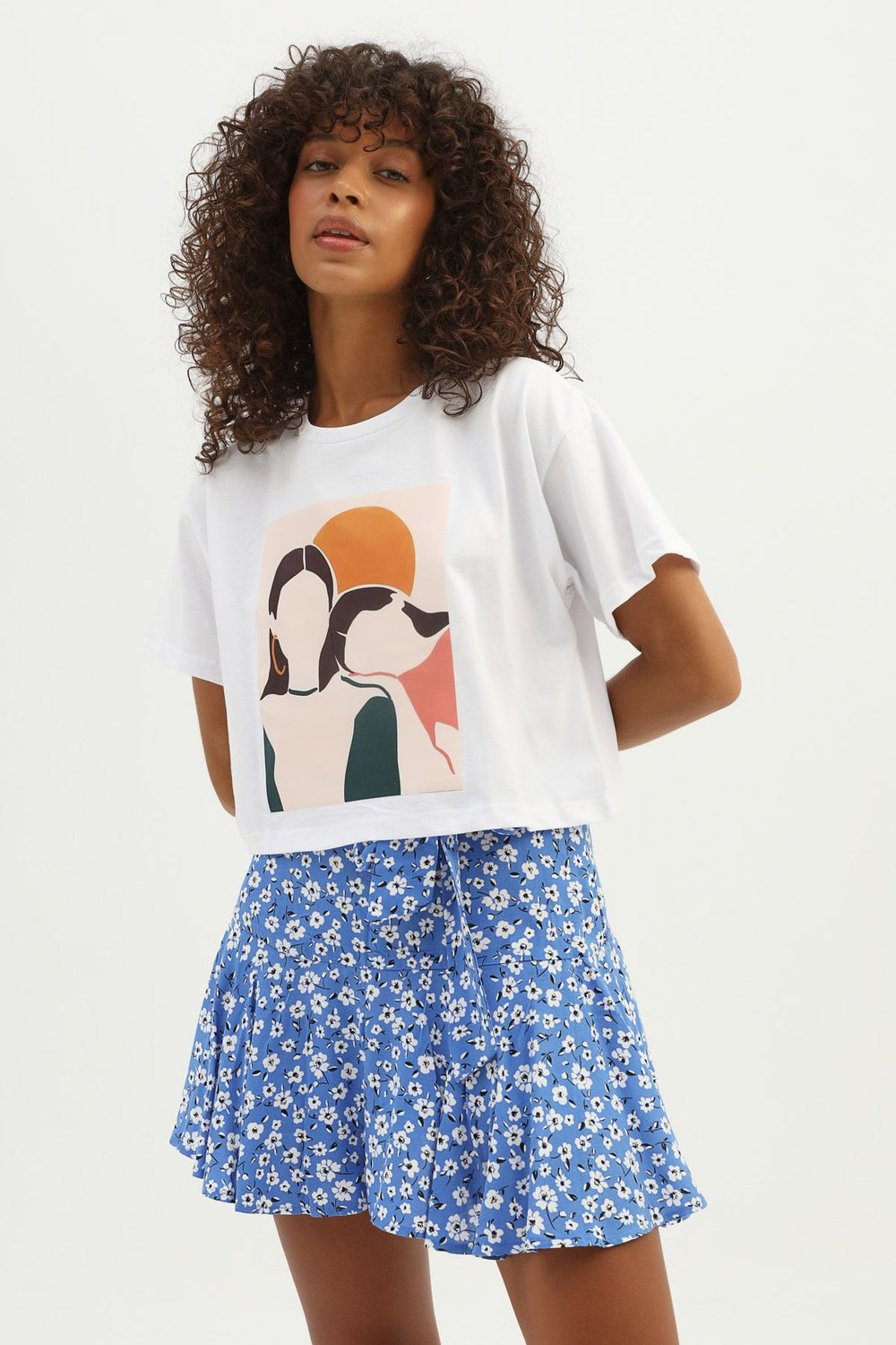 Baskılı Crop Tişört Beyaz