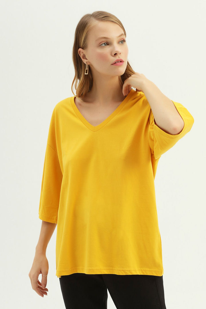 V Yaka Truvakar Kol Tişört Hardal