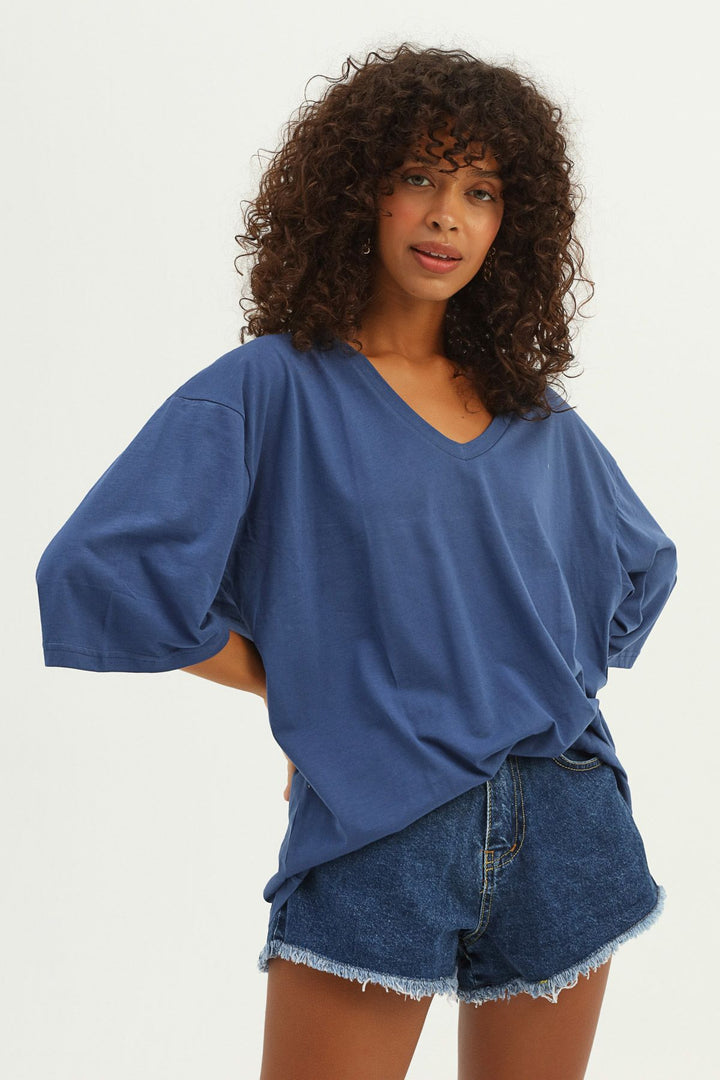 V Yaka Truvakar Kol Tişört İndigo