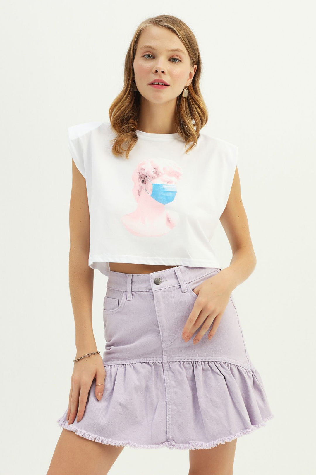 Baskılı Vatkalı Tişört Beyaz