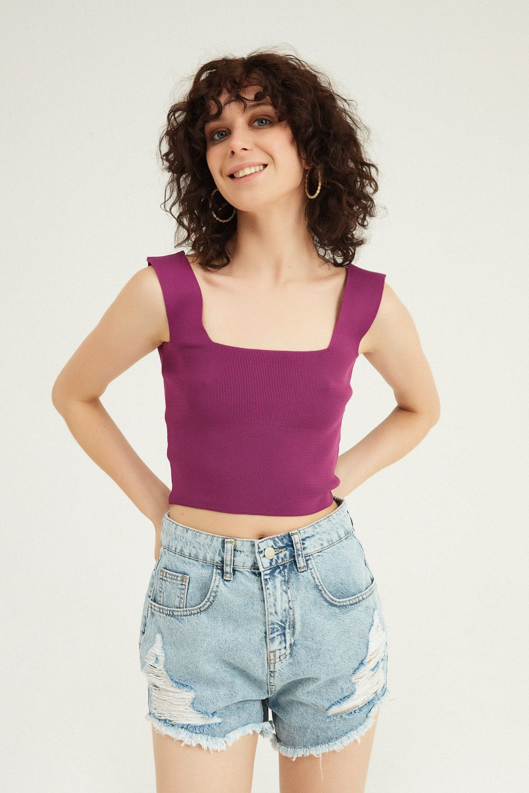 Strap Square Collar Knitwear Purple