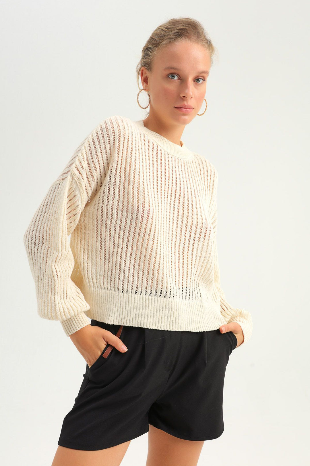 Knit Detailed Loose Sweater Natural