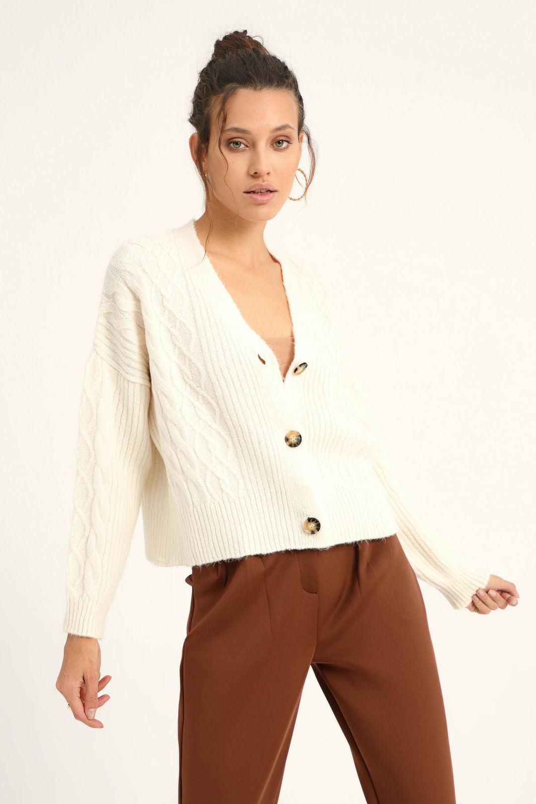 Baklava Desen Düğmeli Hırka Ekru