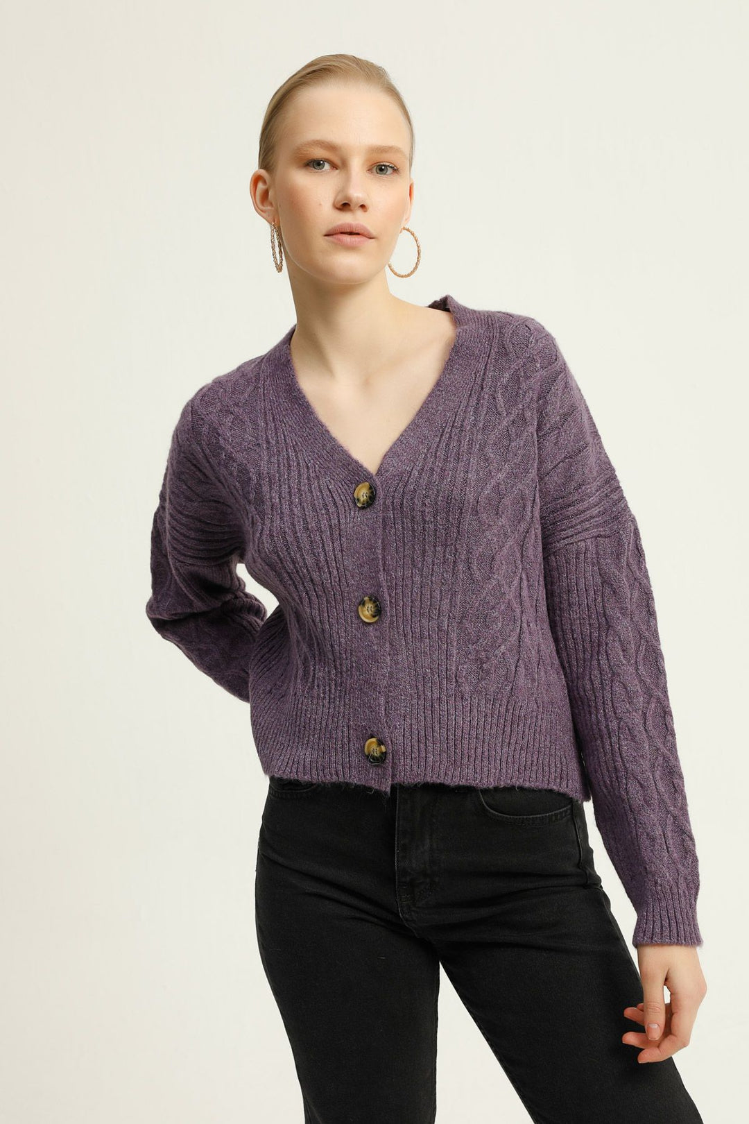 Diamond Pattern Buttoned Cardigan Purple