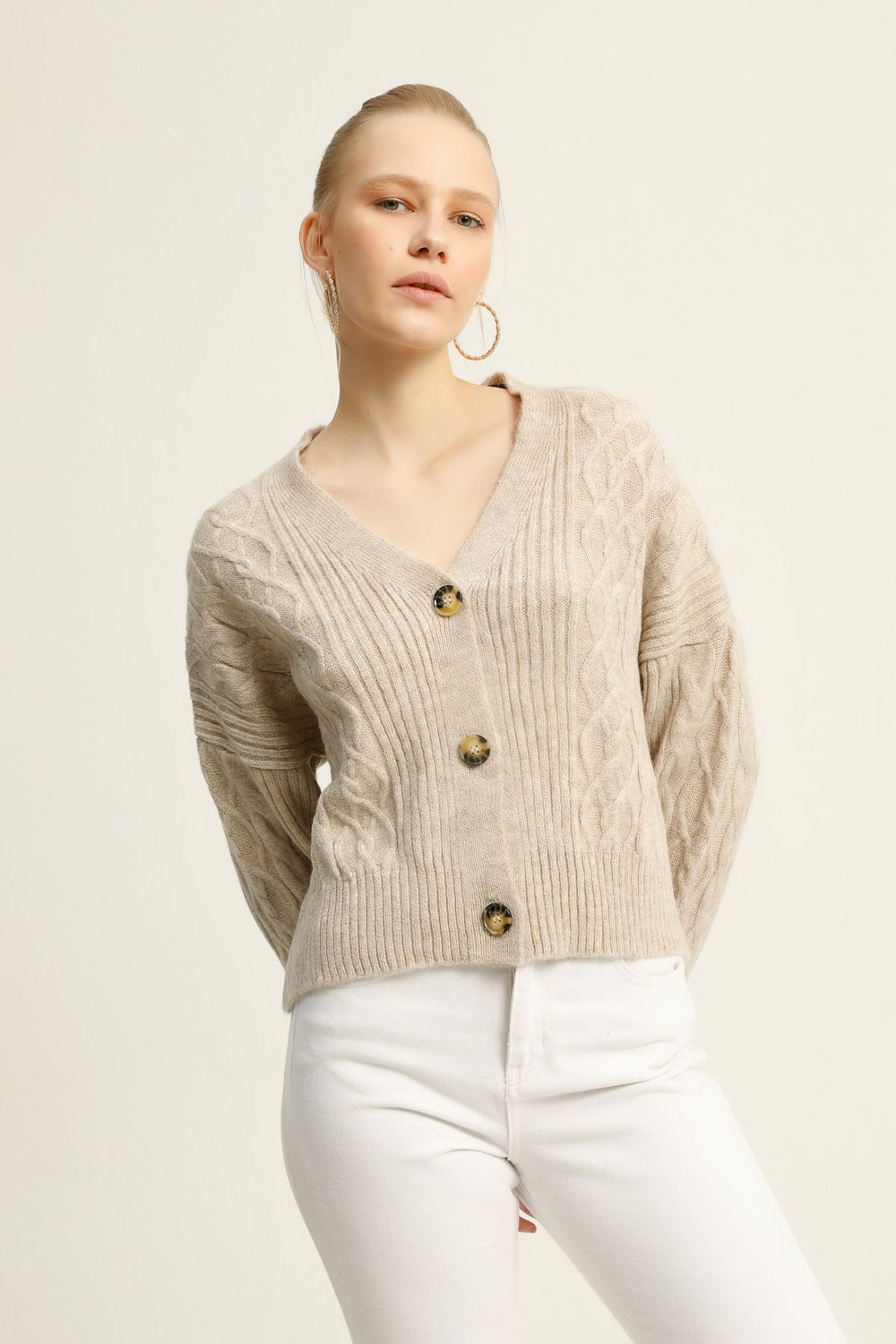 Baklava Desen Düğmeli Hırka Taş