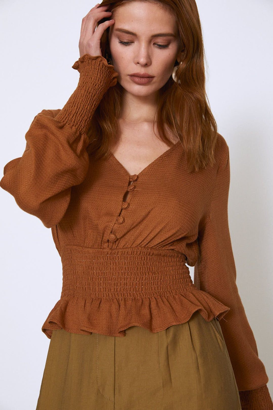 Waist Gipe Linen Blouse Brown