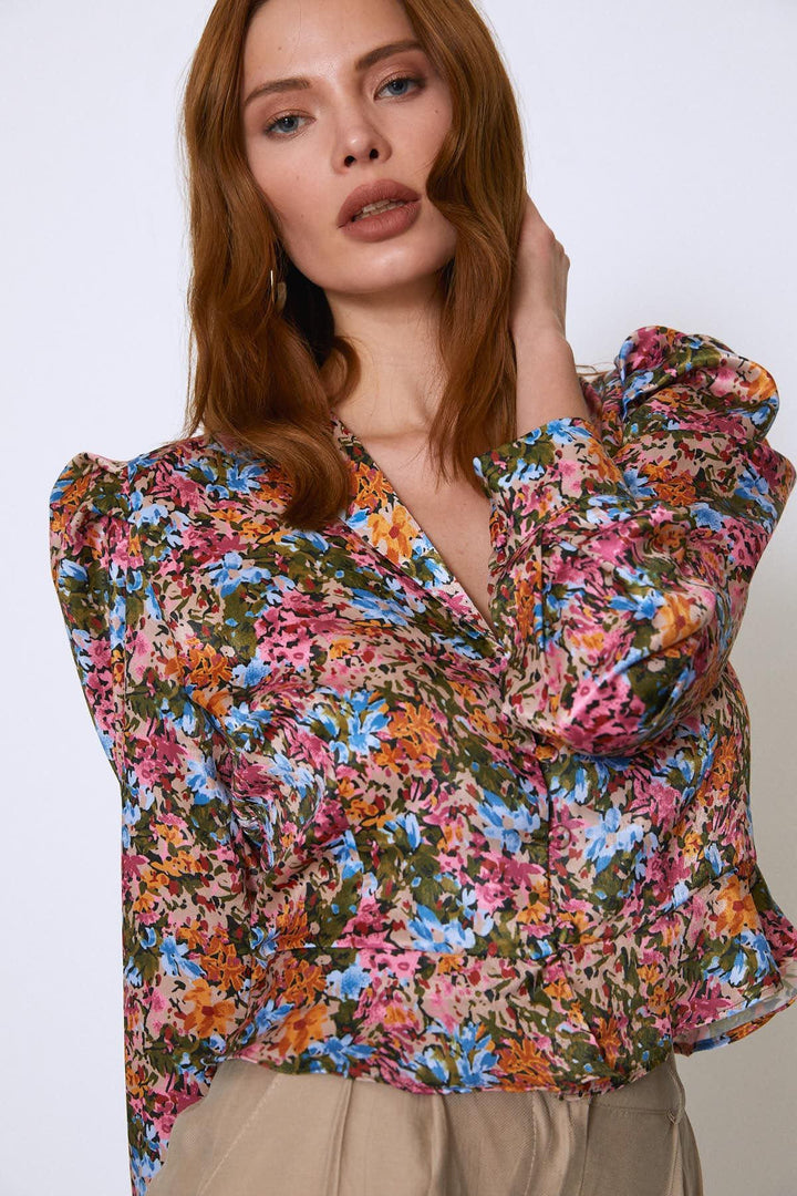 V-Neck Watermelon Buttoned Blouse Fuchsia