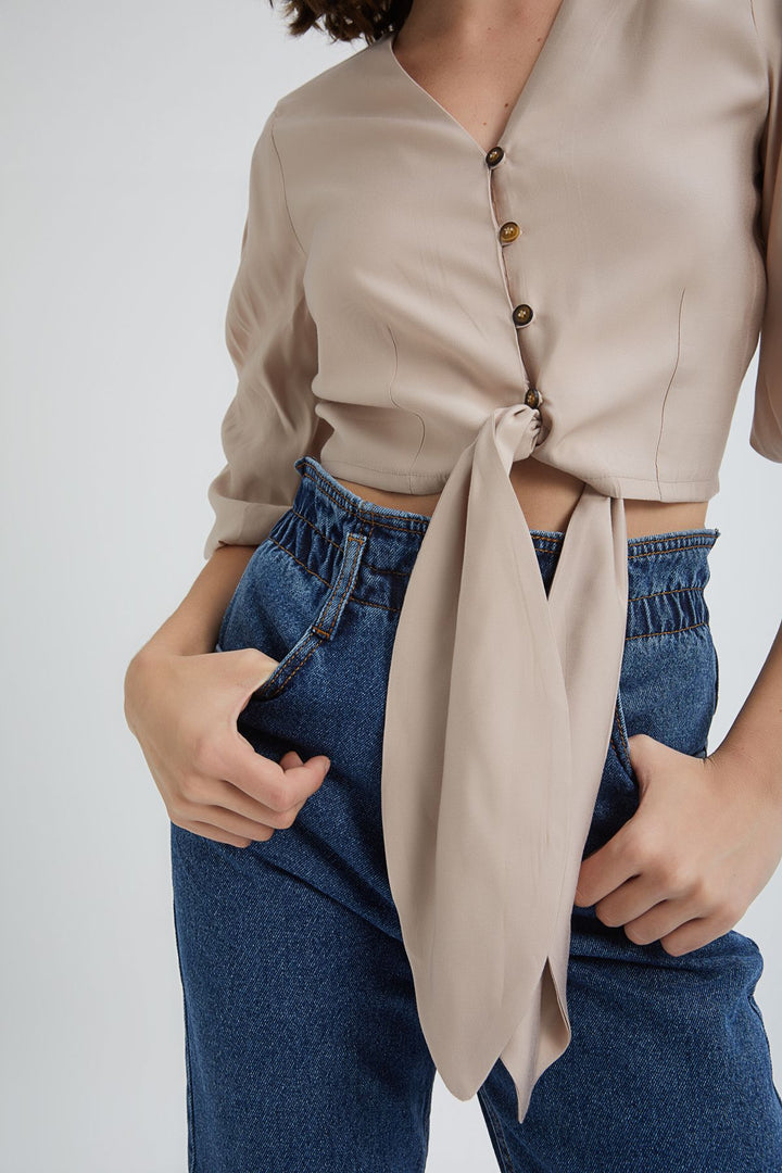 Balloon Sleeve Front Tie Crop Blouse Beige