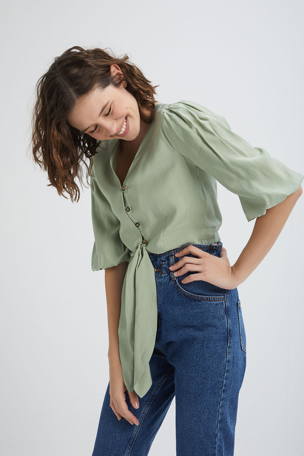 Balloon Sleeve Front Tie Crop Blouse Mint