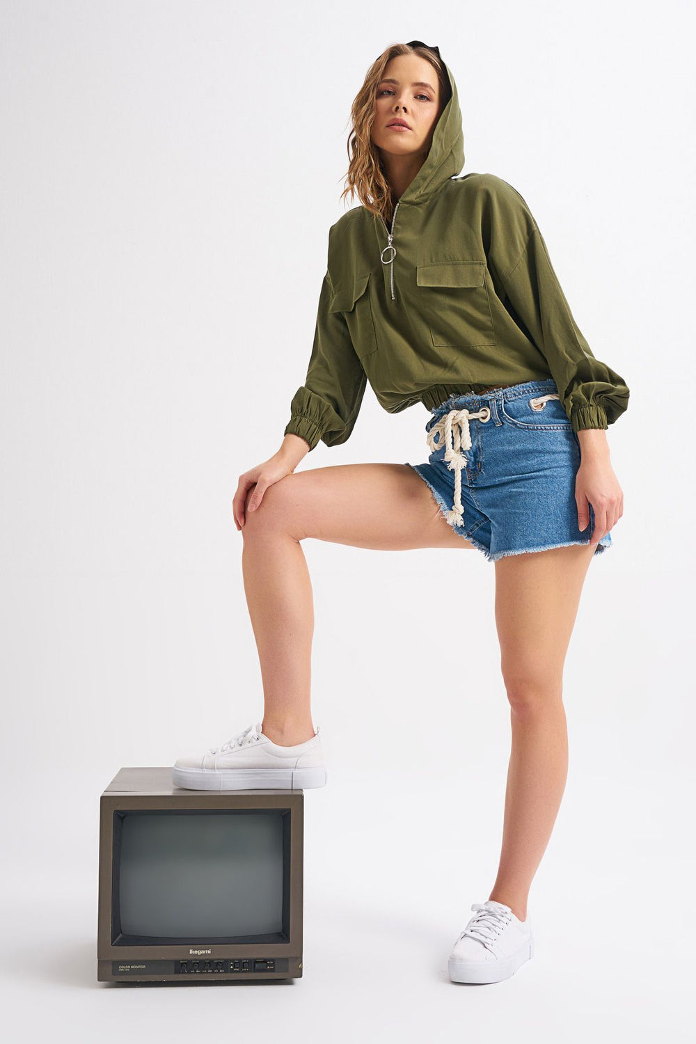 Back Printed Zipper and Pocket Detailed Blouse Khaki