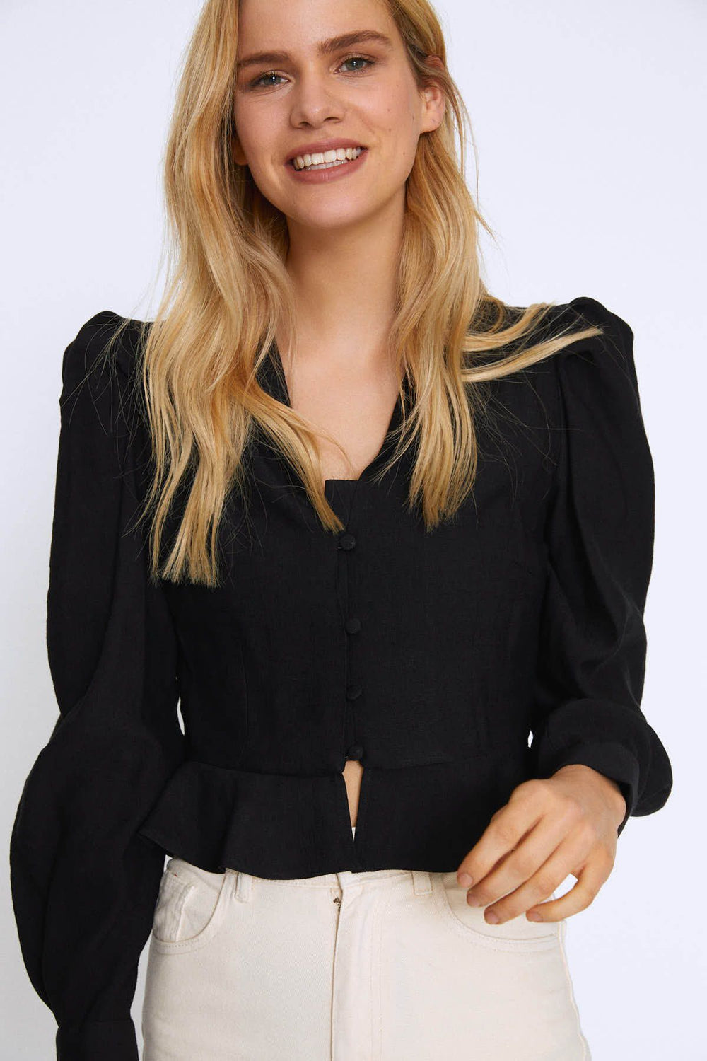 Button Front Balloon Sleeve Blouse Black