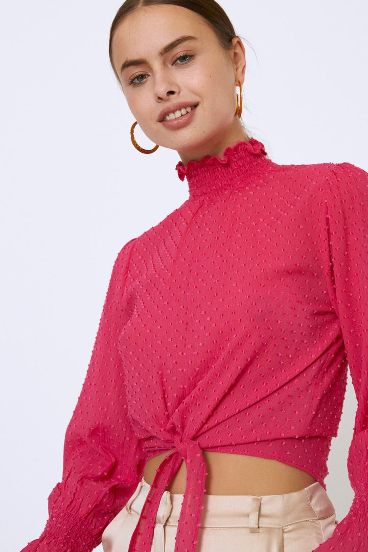 Tie Waist Long Sleeve Blouse Fuchsia