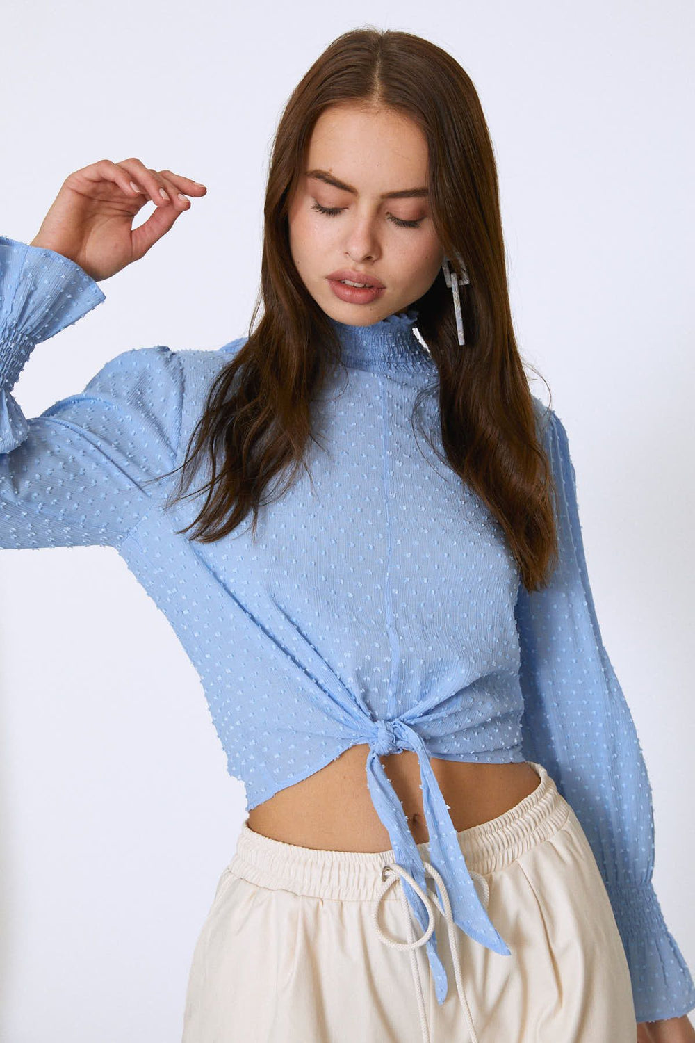 Tie Waist Long Sleeve Blouse Bebe Blue