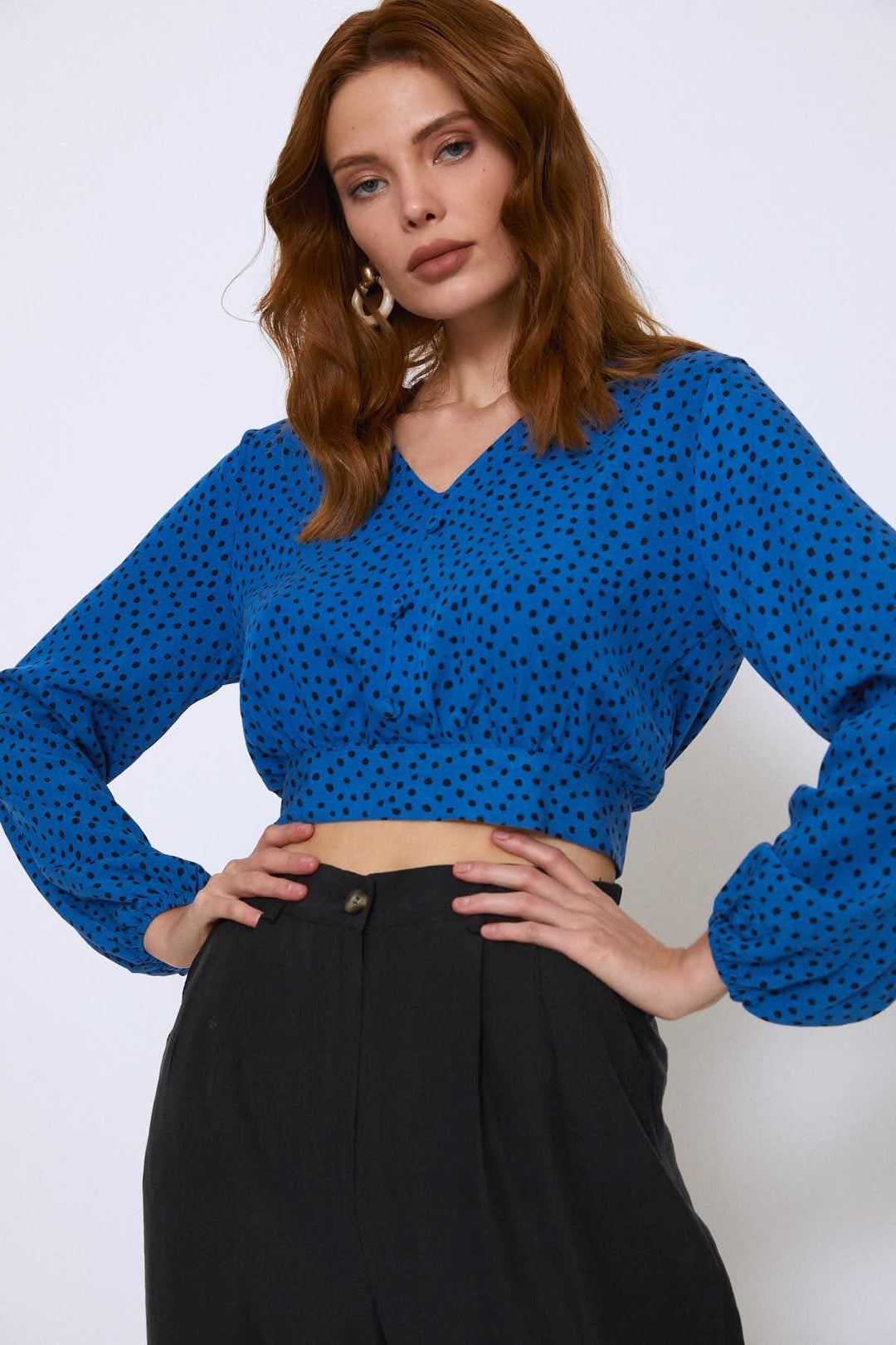 Puantiyeli V Yaka Bluz Sax