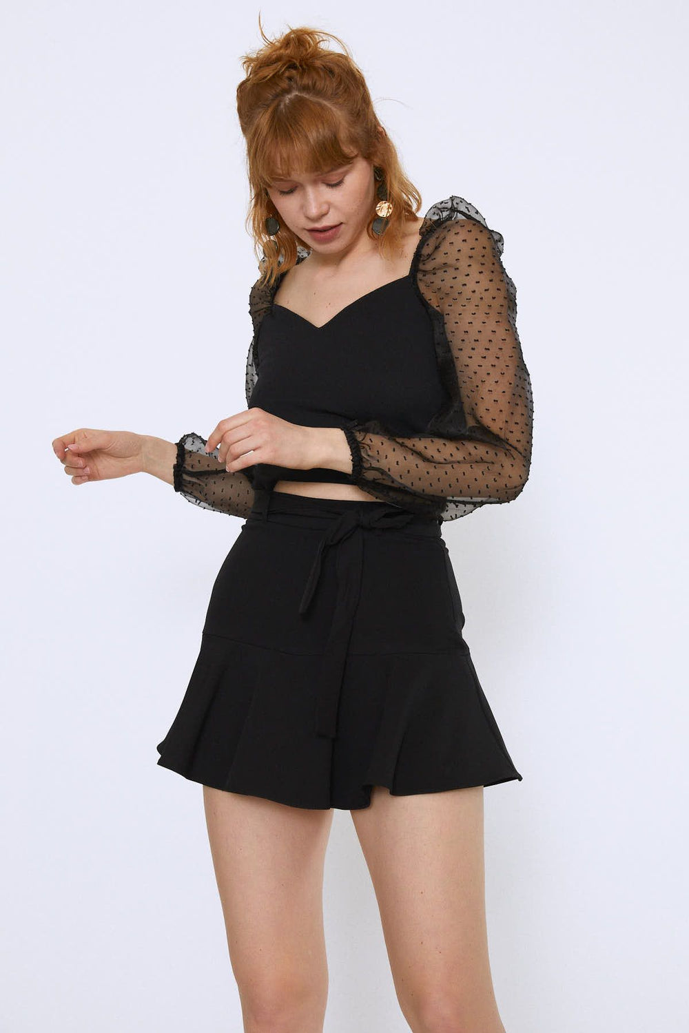 Tulle Sleeves Crop Blouse Black