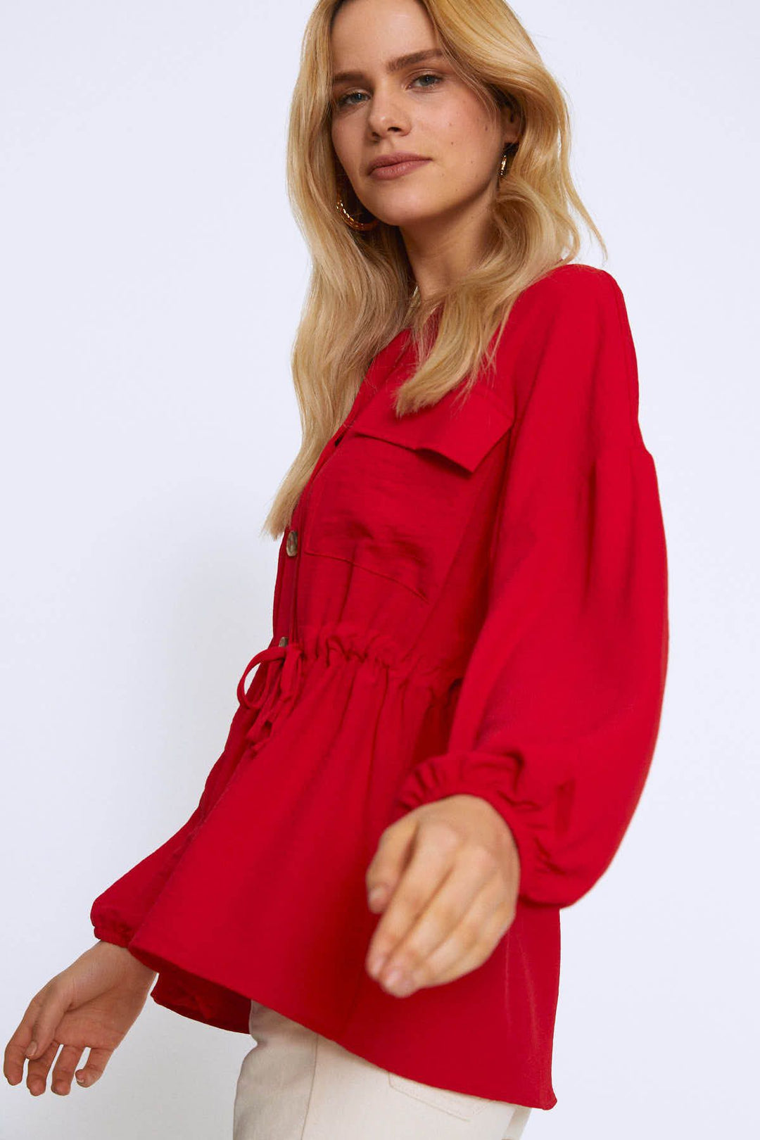 Long Sleeve Blouse With Gipe Waist Red