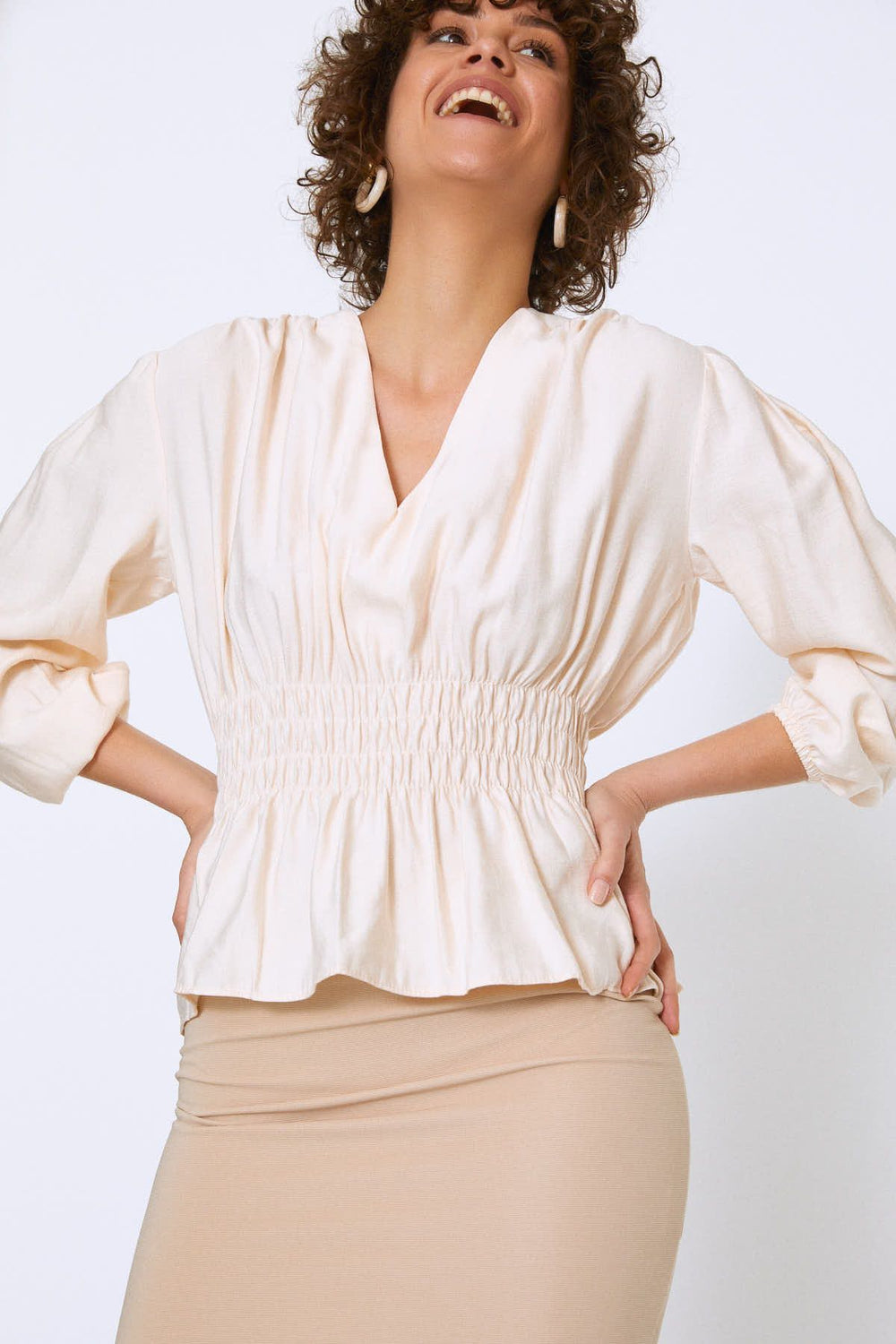 Long Sleeve Blouse Bone Gippled Waist