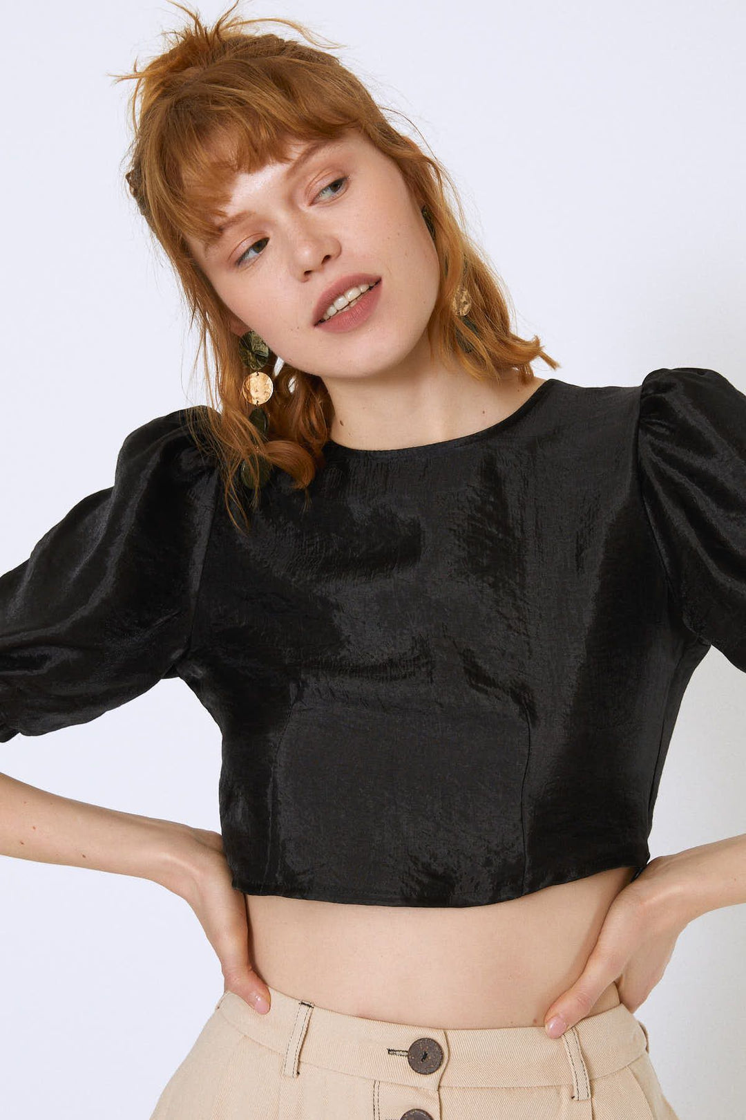 Balloon Sleeve Crop Blouse Black