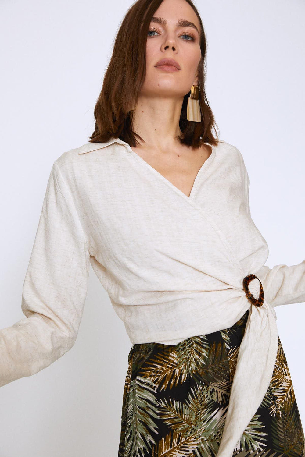 Buckled Waist Double Breasted Linen Blouse Natural