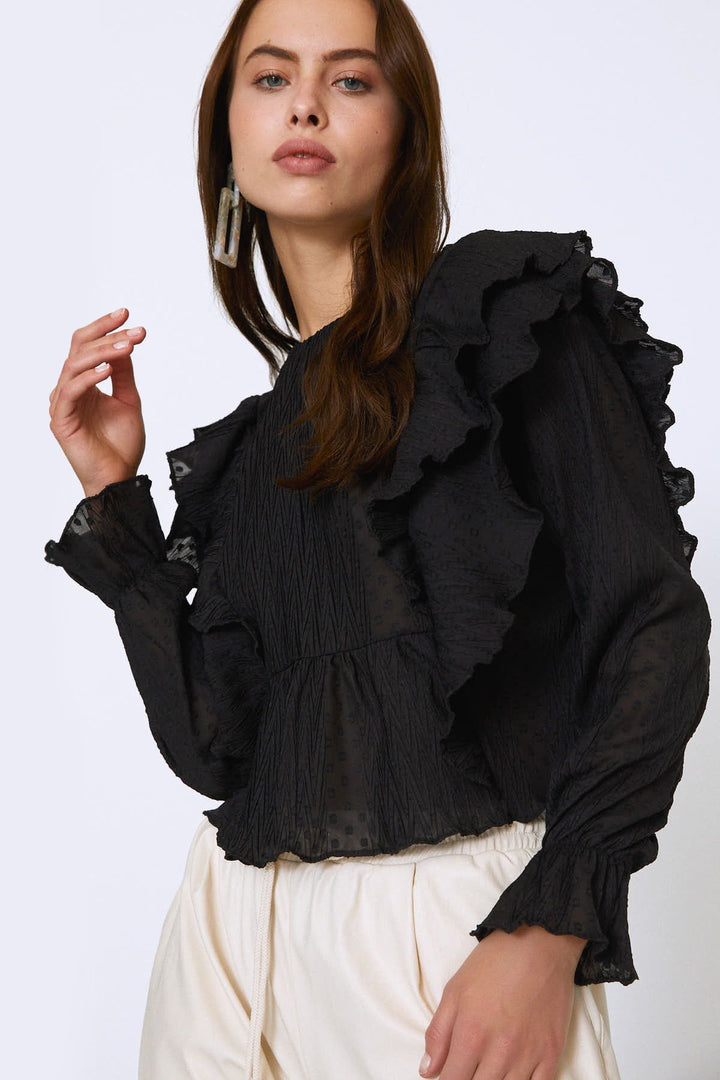 Ruffled Long Sleeve Blouse Black