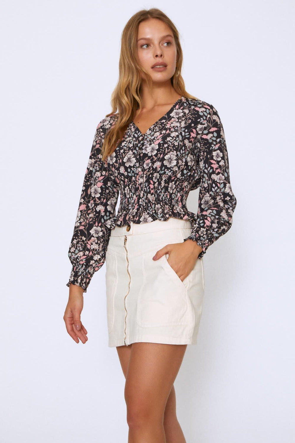 Buttoned Front V-Neck Blouse Black